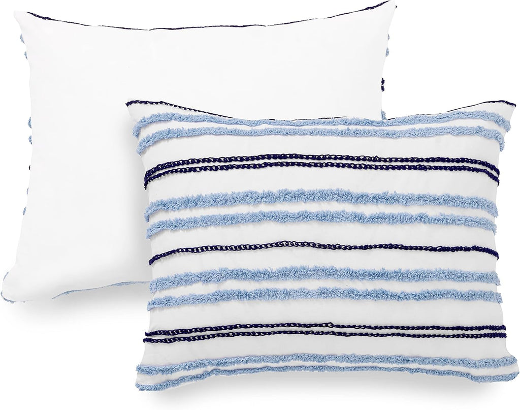 Martha Stewart - London Stripe Chenille King Size Duvet, 3 Piece Set-1 Duvet Cover, 2 Pillow Shams, Cotton-Percale, Soft, Reversible, Easy Wash, All Season 104'x92' with Button Closure, Soft Blue/Navy