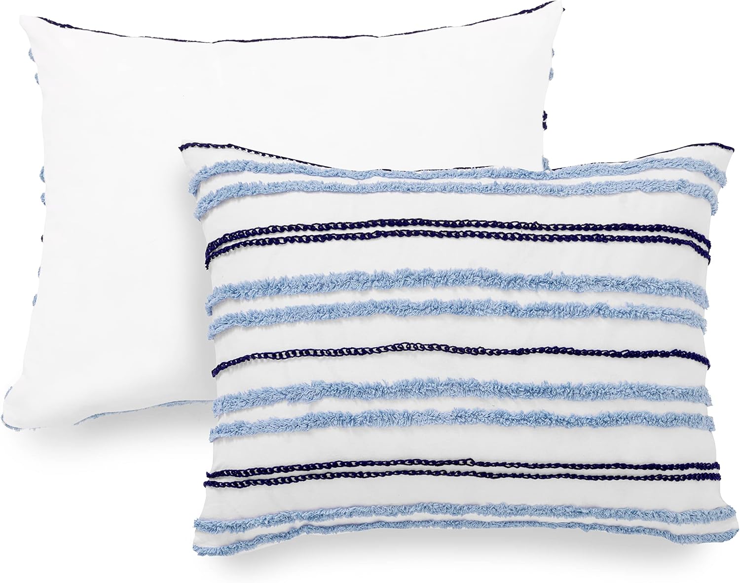 Martha Stewart - London Stripe Chenille King Size Duvet, 3 Piece Set-1 Duvet Cover, 2 Pillow Shams, Cotton-Percale, Soft, Reversible, Easy Wash, All Season 104'x92' with Button Closure, Soft Blue/Navy