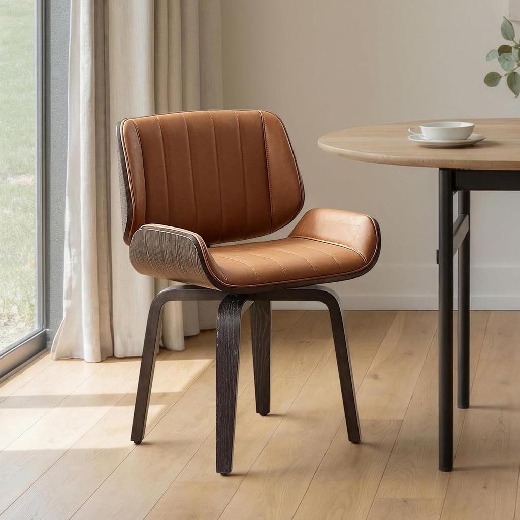 Zouron Modern Dining Chair with Wooden Legs, Swivel Home Desk Chair No Wheels, Mid Century Faux Leather Chair with Black Oak Bentwood, Upholstered Kitchen Dining Room Chairs, Channel Stitch, Brown