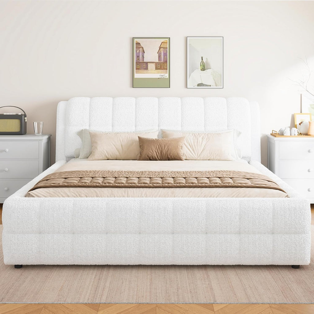 King Size Upholstered Platform Bed, Berber Fleece Bed Frame with Foam Headboard, Wood Slat Support for King Mattress, Modern Boucle Platform Bed for Master Bedroom, No Box Spring Needed, White