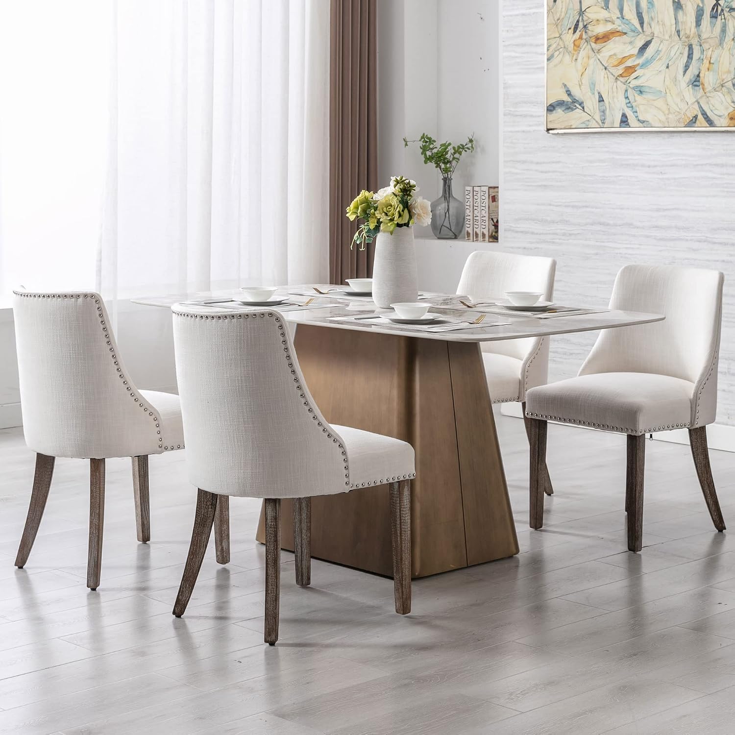 Mid Century Modern Dining Chairs Set of 6 Farmhouse Accent Chairs Upholstered Linen Fabric Side Chair for Living Room/Dining Room/Bedroom, Cream