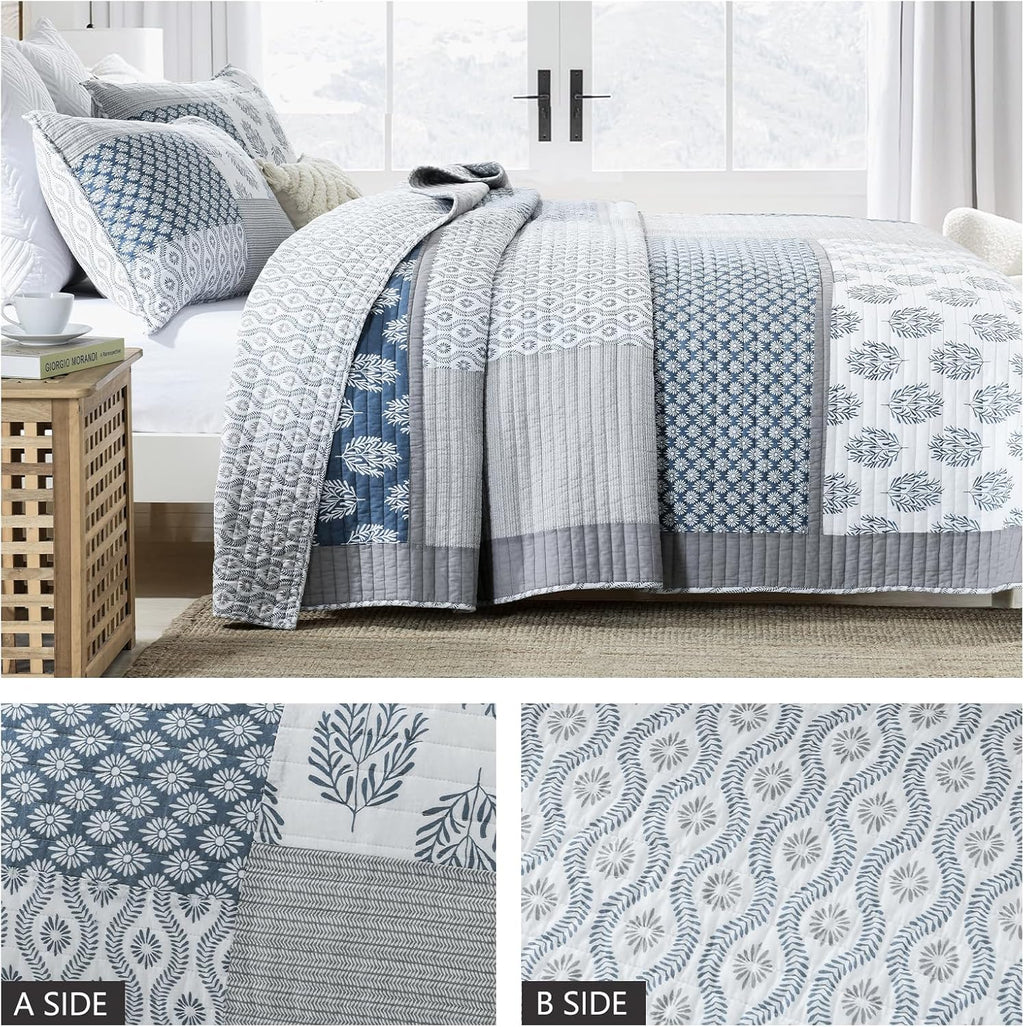 Finlonte Quilts Queen Size, 100% Cotton Queen Comforter Set, Blue Grey Farmhouse Quilted Bedspread, Patchwork Lightweight Reversible Quilt Bedding Set for Queen Bed, 3-Pieces