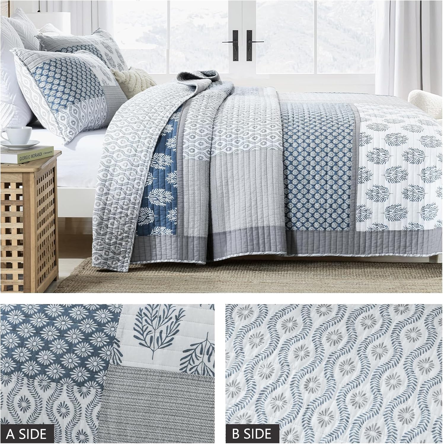 Finlonte Quilts Queen Size, 100% Cotton Queen Comforter Set, Blue Grey Farmhouse Quilted Bedspread, Patchwork Lightweight Reversible Quilt Bedding Set for Queen Bed, 3-Pieces
