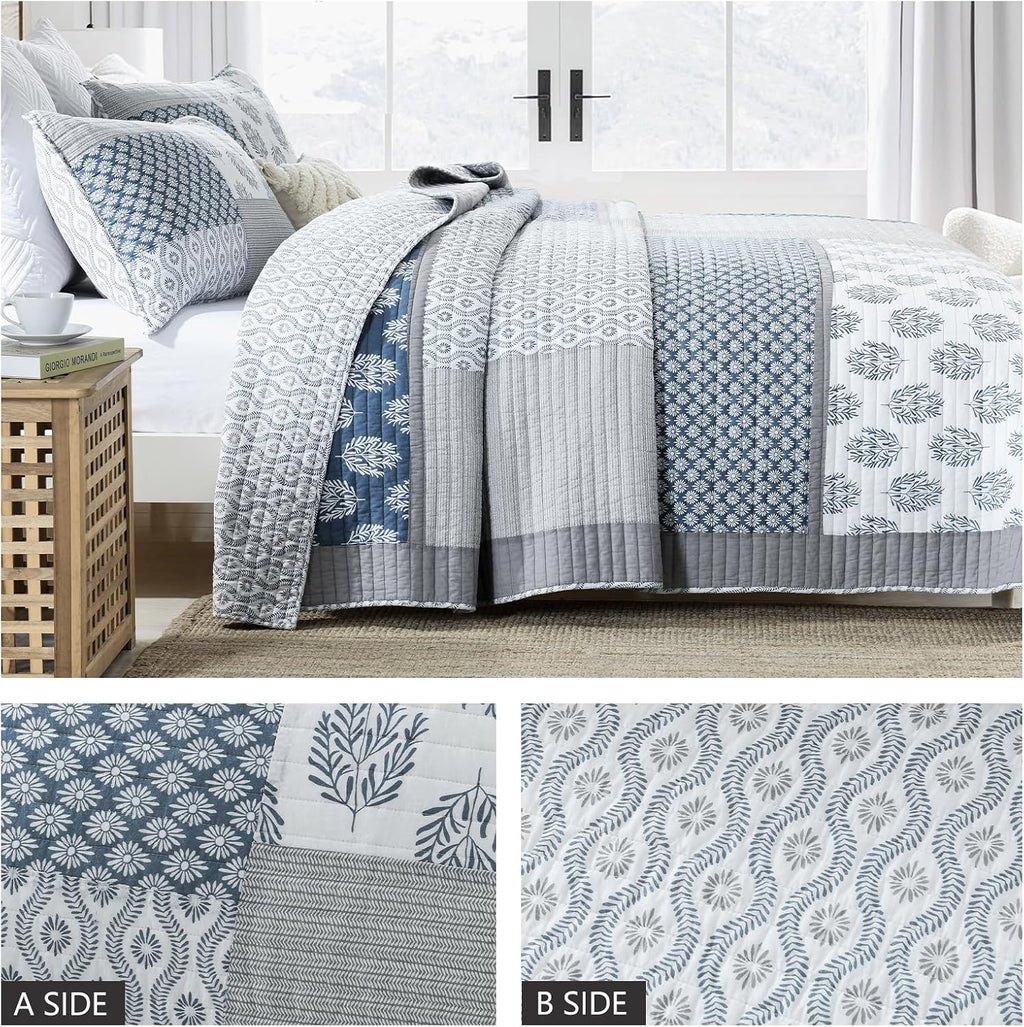 Finlonte King Size Quilt, 100% Cotton Comforter King Size, Blue Grey Farmhouse Quilted Bedspread, Patchwork Lightweight Reversible Quilt Bedding Set for King Bed, 3-Pieces