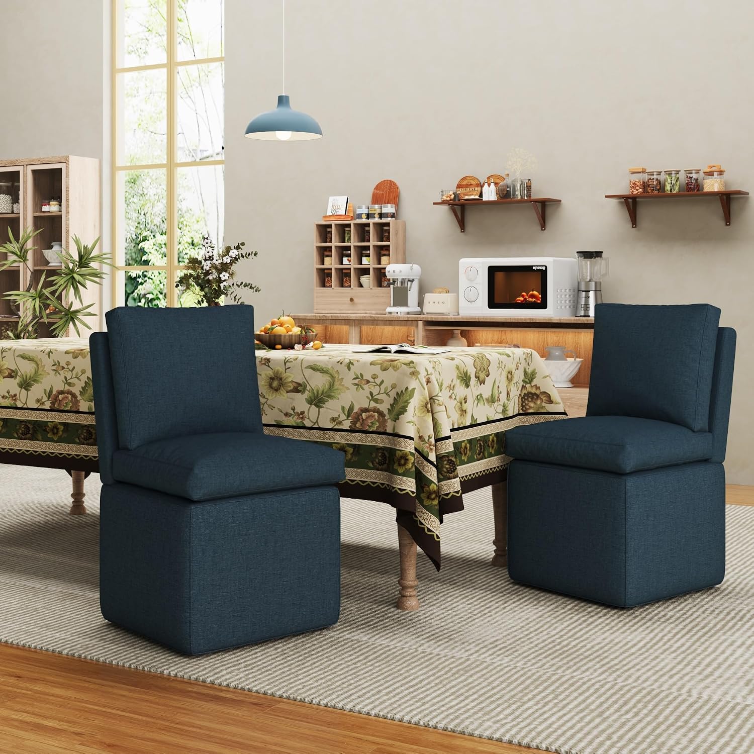 BLANKSPACE Linen Fabric Chairs with Storage for Dining Room, Modern Upholstered Chairs with Casters, Armless Single Sofa Chair 2PCS for Kitchen, Living Room, Bedroom（Dark Blue）