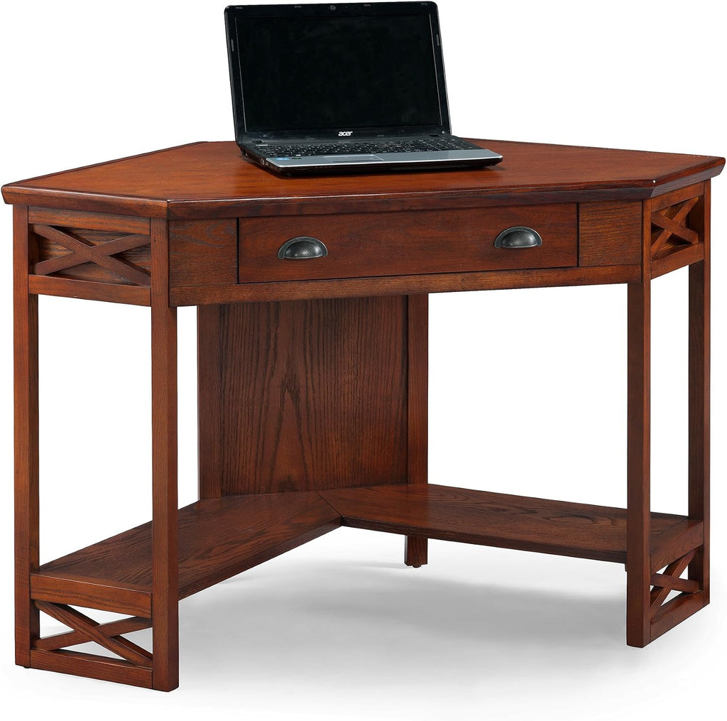 Leick Home 82431 Corner Computer Writing Desk with Drop Front Keyboard Drawer, Oak