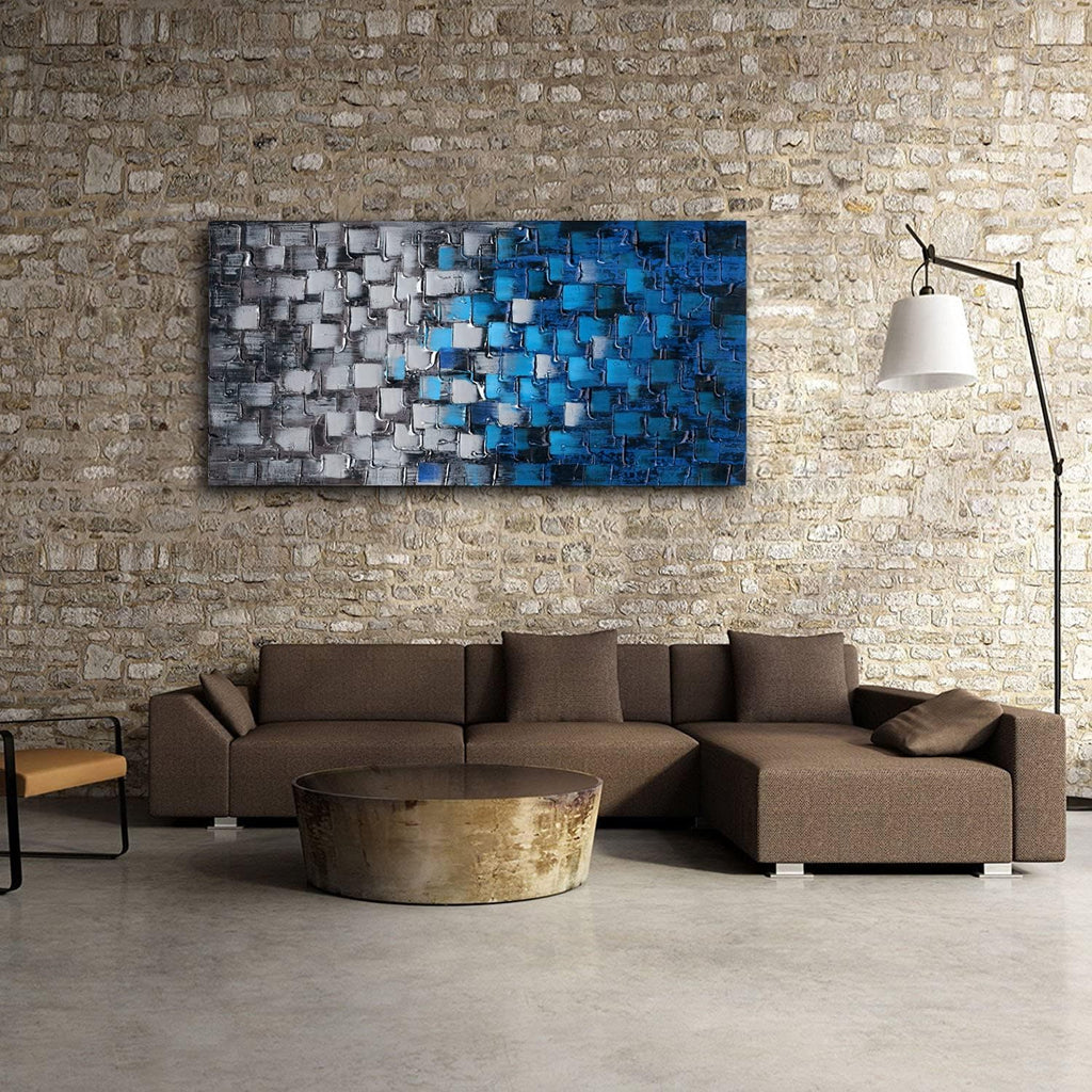 Abstract Dark Blue and Silver Painting Pictures Modern 3D Textured Squares Wall Art on Canvas for Home and Office Decoration Framed Ready to Hang 56x28inch