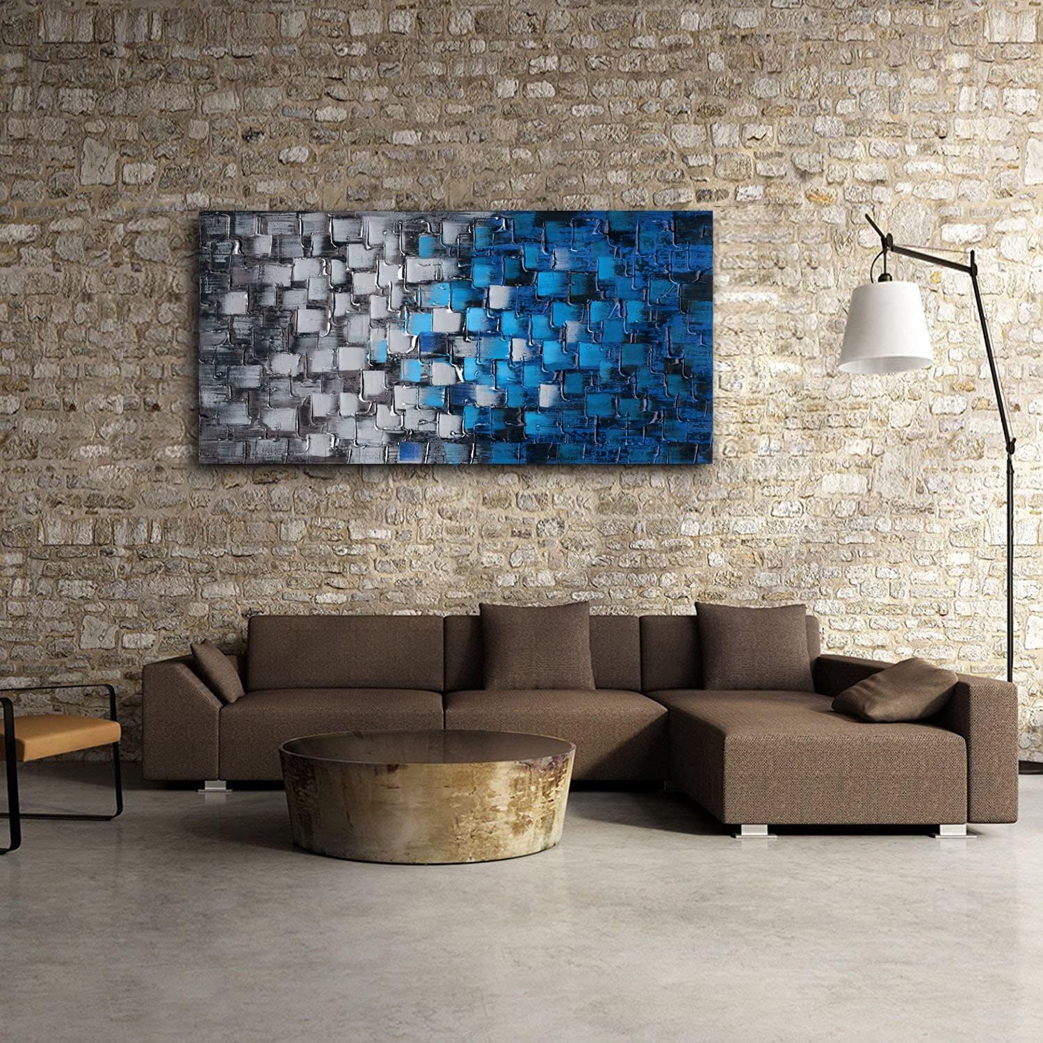 Abstract Dark Blue and Silver Painting Pictures Modern 3D Textured Squares Wall Art on Canvas for Home and Office Decoration Framed Ready to Hang 56x28inch