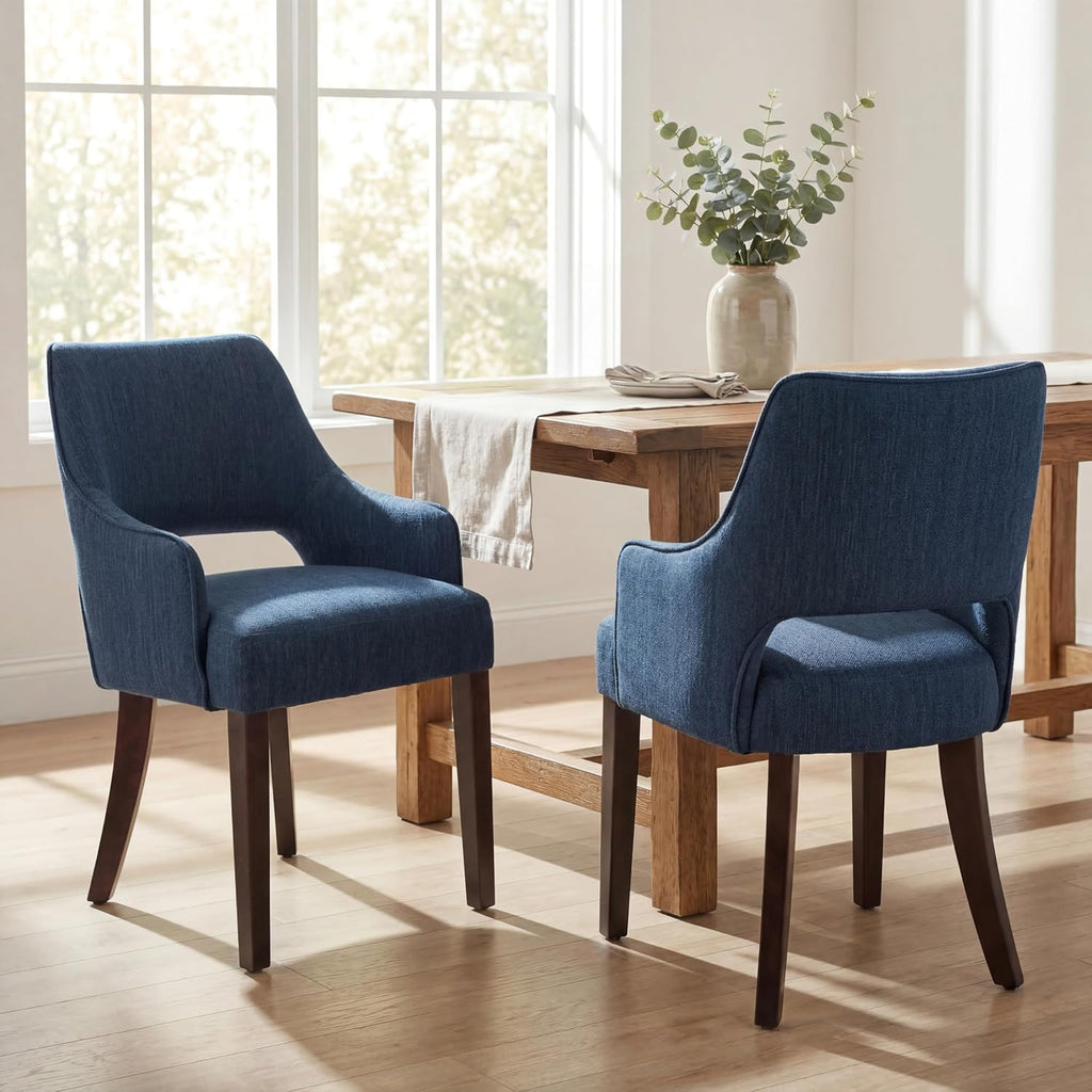Dining Chairs Set of 4, Fabric Upholstered Dining Room Chair with Arms, Solid Wood Kitchen Chair with for Living/Dining Room/Bedroom/Restaurant, Blue