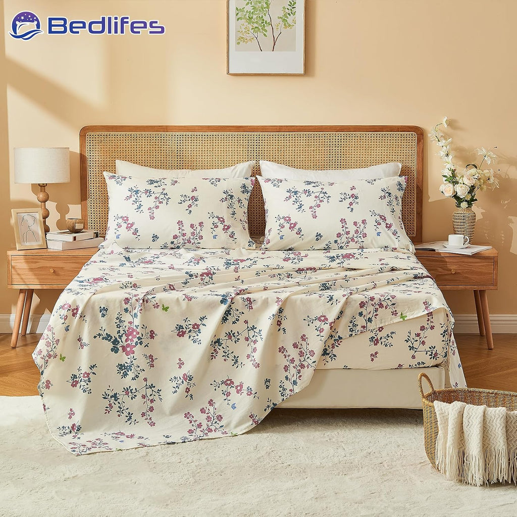 Bedlifes 100% French Linen Sheets Queen Size – Floral Printed, Botanical Pattern Breathable Cooling Sheet Set, 16' Deep Pocket, 4-Piece (Queen, Floral Red)