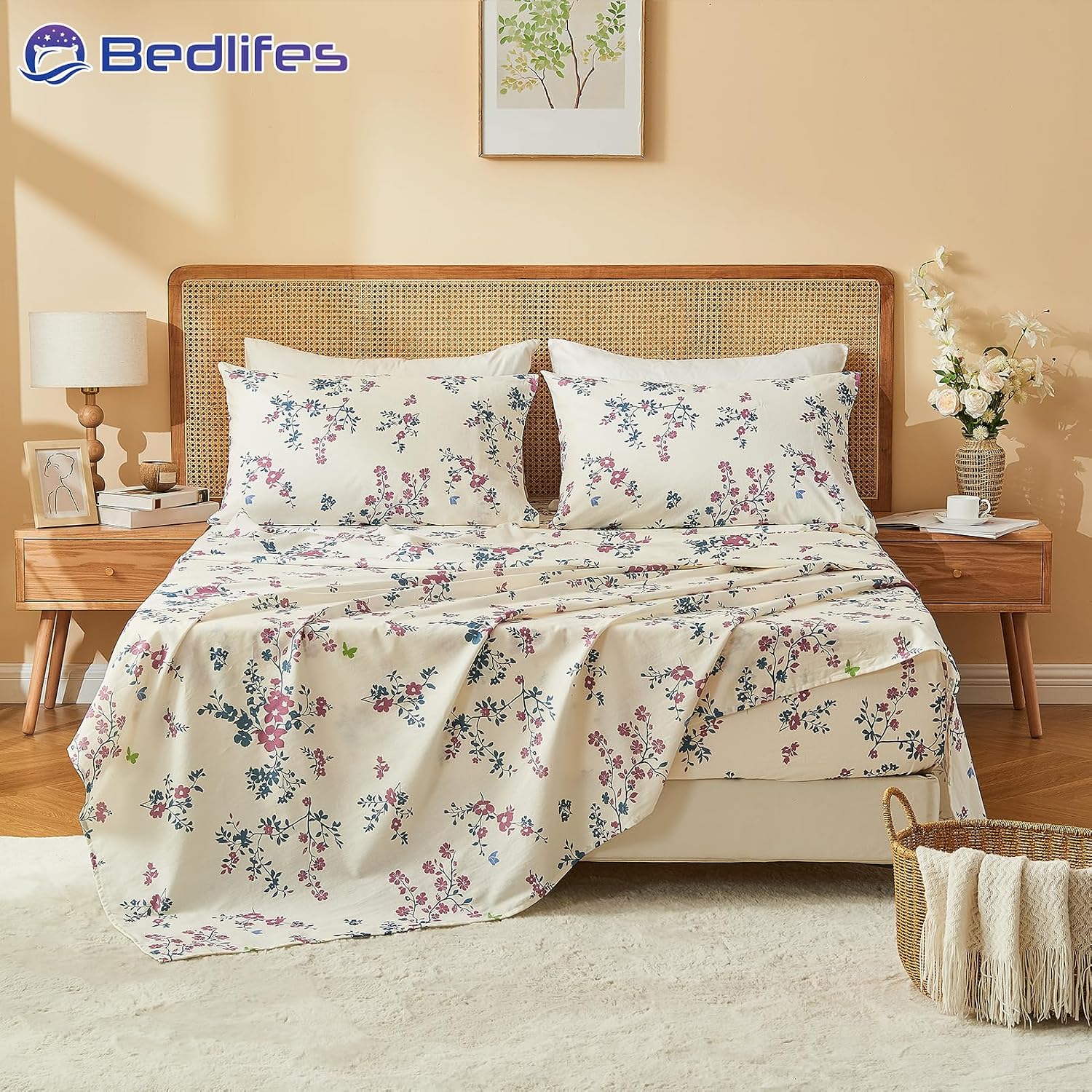 Bedlifes 100% French Linen Sheets Queen Size – Floral Printed, Botanical Pattern Breathable Cooling Sheet Set, 16' Deep Pocket, 4-Piece (Queen, Floral Red)