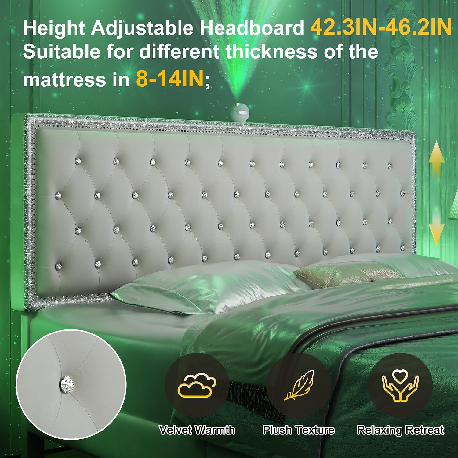 Full Upholstered Platform Bed Frame with LED Headboard, Built-in Star Projector & Adjustable Headboard, No Box Spring Needed, Easy Assembly, Solid Wood Slats,Modern Bedroom Furniture, Velvet Cream