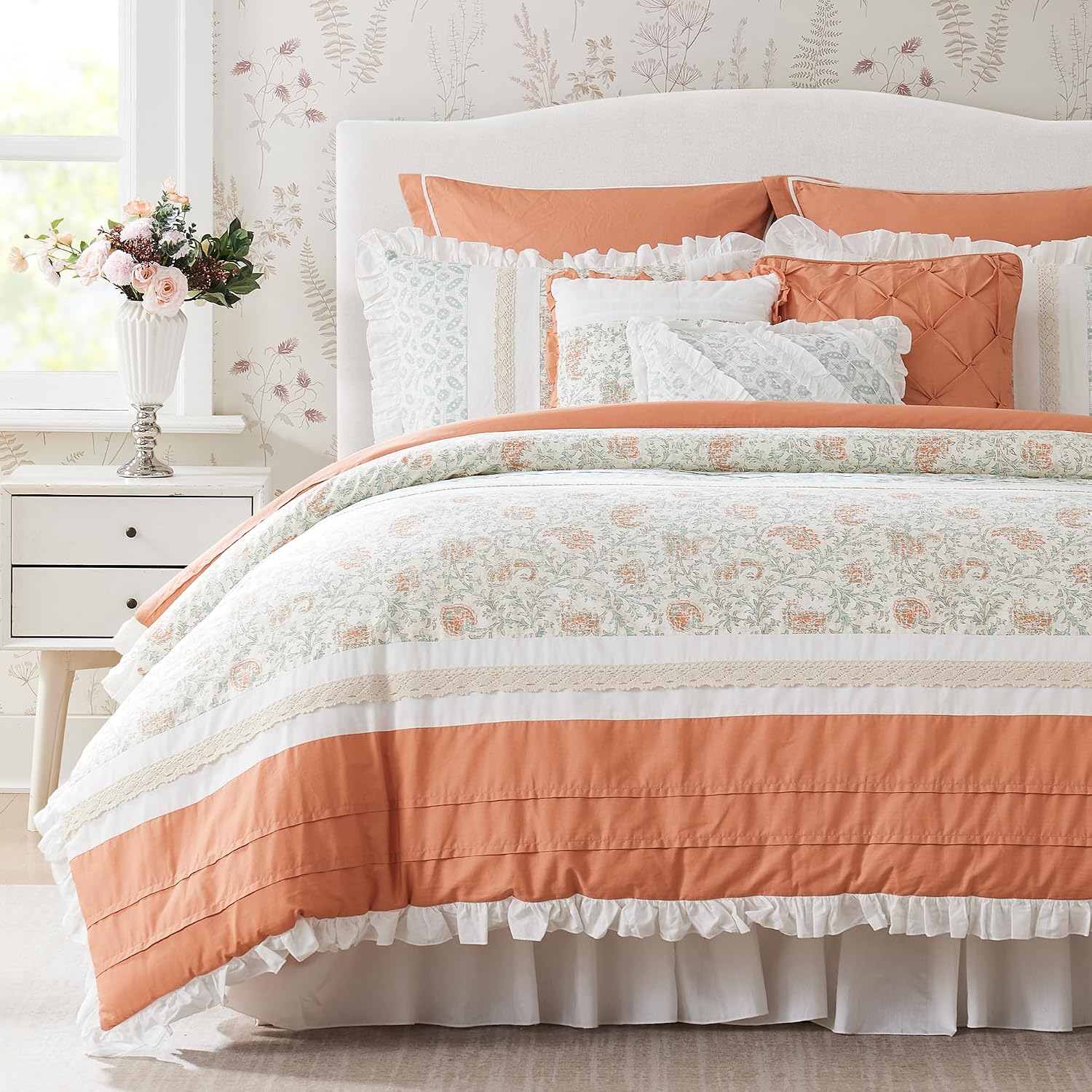 Madison Park Dawn 100% Cotton Shabby Chic Comforter Set-Modern Cottage Design All Season Down Alternative Bedding, Matching Shams, Bedskirt, Decorative Pillows, King(104'x92'), Coral 9 Piece