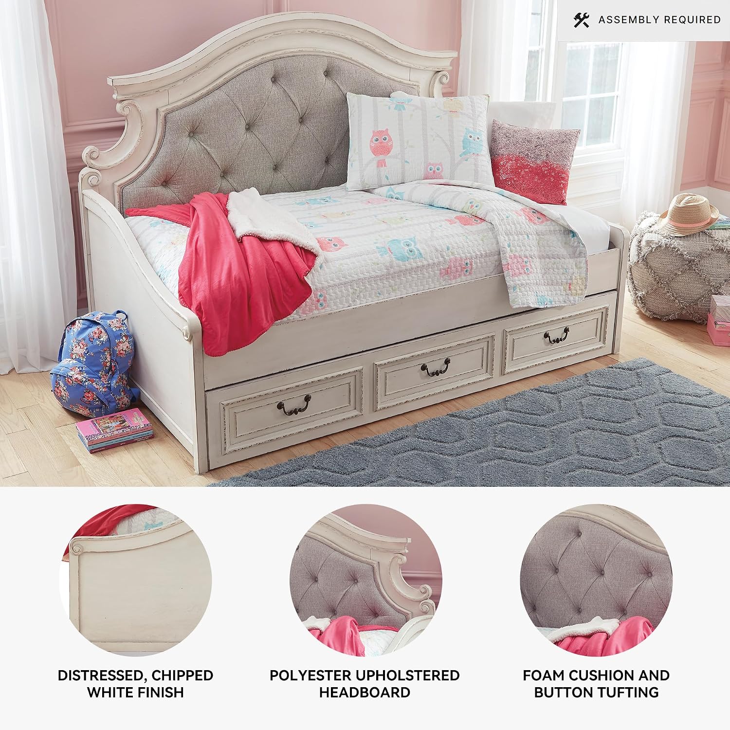 Signature Design by Ashley Realyn Traditional Upholstered Tufted Twin Platform Daybed with 1 Large Drawer, Foundation or Box Spring Not Needed, White & Beige