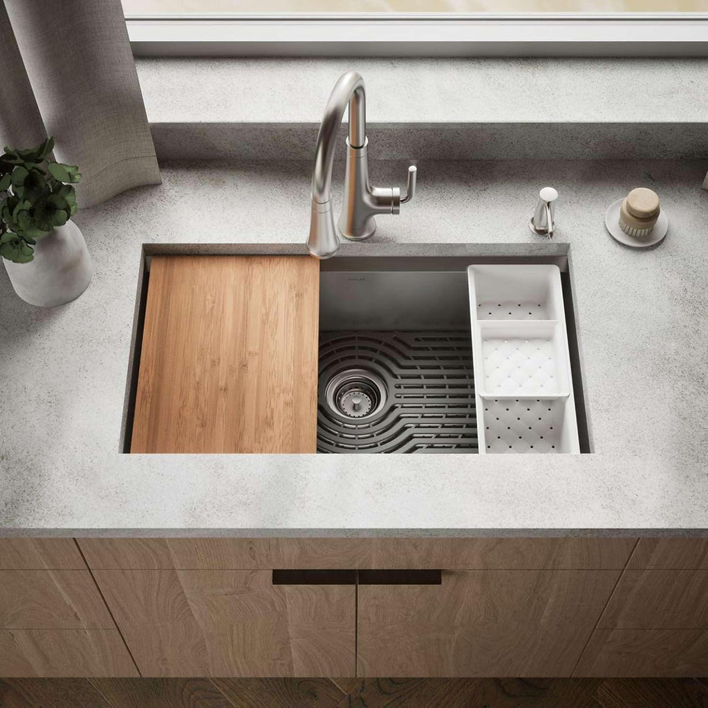 KOHLER 80084-2PC-NA Task™ 33' Top-/Undermount Single-Bowl Workstation Sink, Includes Kitchen Sink Accessories, Stainless Steel, 2 Faucet Holes
