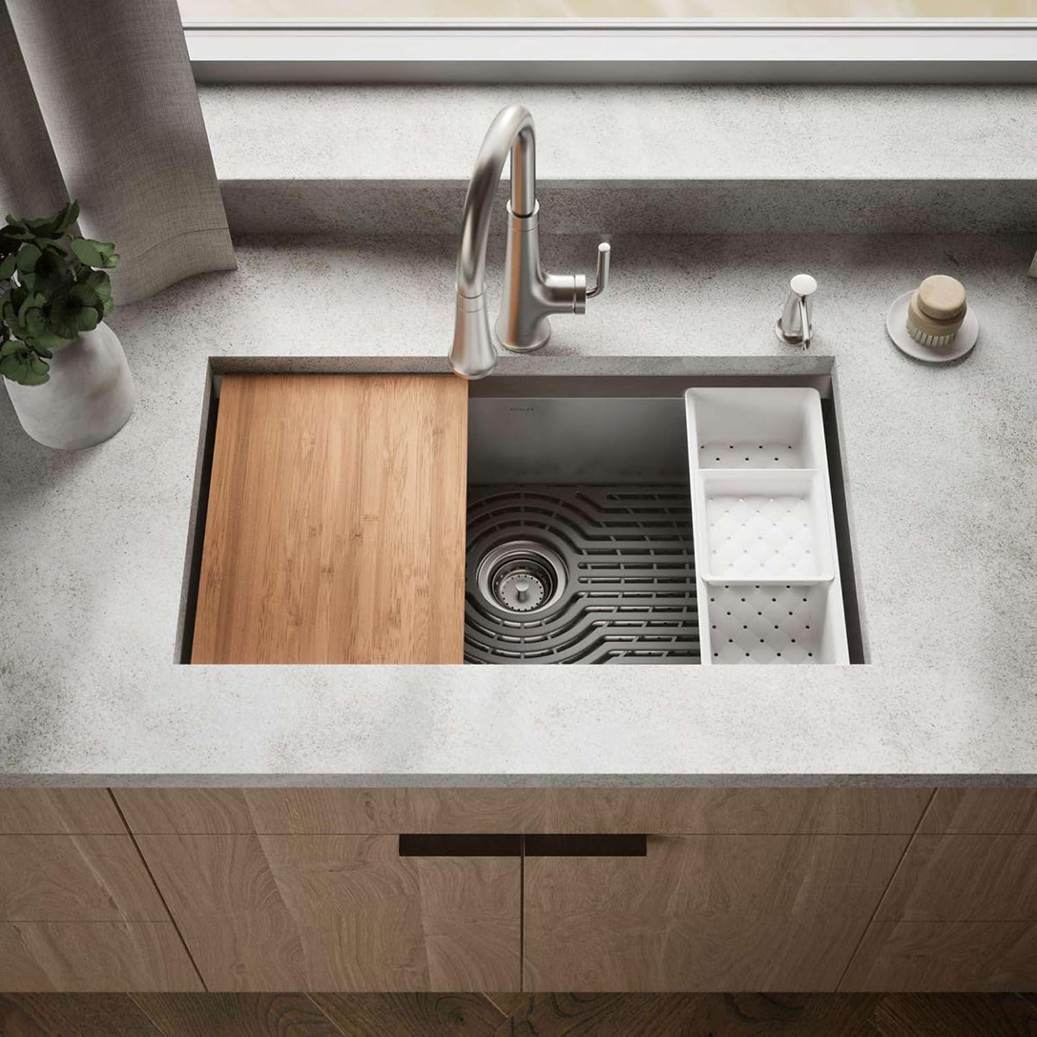 KOHLER 80084-2PC-NA Task™ 33' Top-/Undermount Single-Bowl Workstation Sink, Includes Kitchen Sink Accessories, Stainless Steel, 2 Faucet Holes