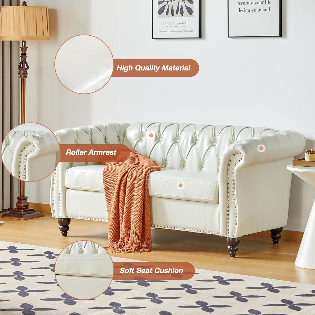 QHITTY 2 Piece Living Room Set, Sectional Chesterfield Sofa Chair Contemporary Upholstered Leather Loveseat Couch Sets for Living Room, Bedroom, Office (White)