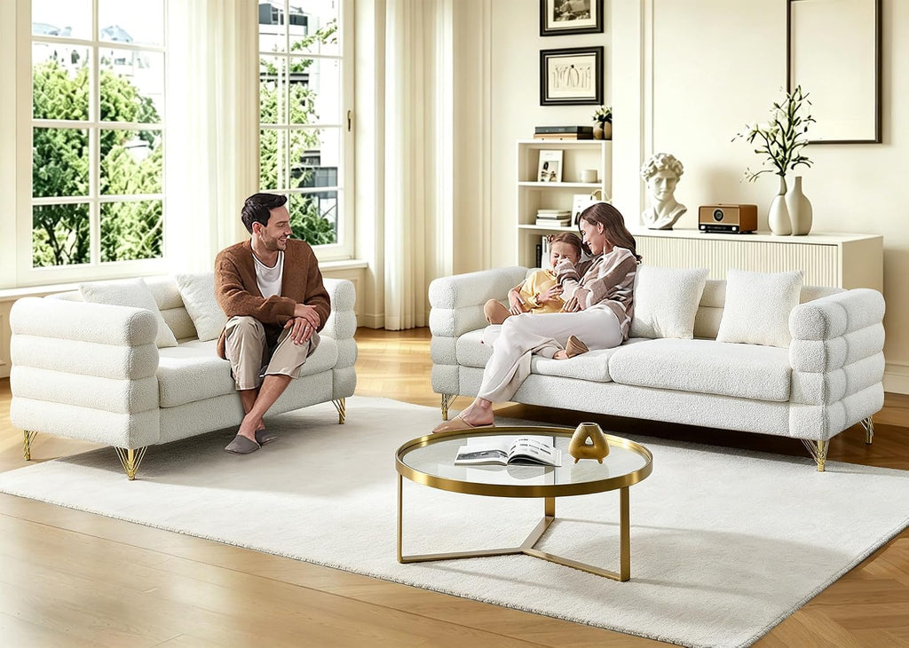 Chesterfield Velvet Button Tufted Sofa, 81'&60' Boucle Comfy Cloud Couch Upholstered Deep 5 Seater Sectional Sherpa Couch Set for Living Room Home Office Bedroom Apartment, White
