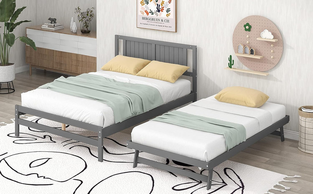 Merax Full Size Wooden Platform Bed with Headboard and Twin Size Adjustable Trundle for Kids, Gray Full Bed with Wood Slats Support for Kidsroom or Bedroom, No Box Spring Needed