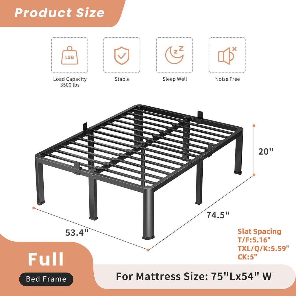 VIPSHOW 20 Inch Full Heavy Duty 3500 lbs Bed Frame with Round-Corner Legs & Anti-Squeak Design – Quick Assembly Metal Platform, No Box Spring Needed