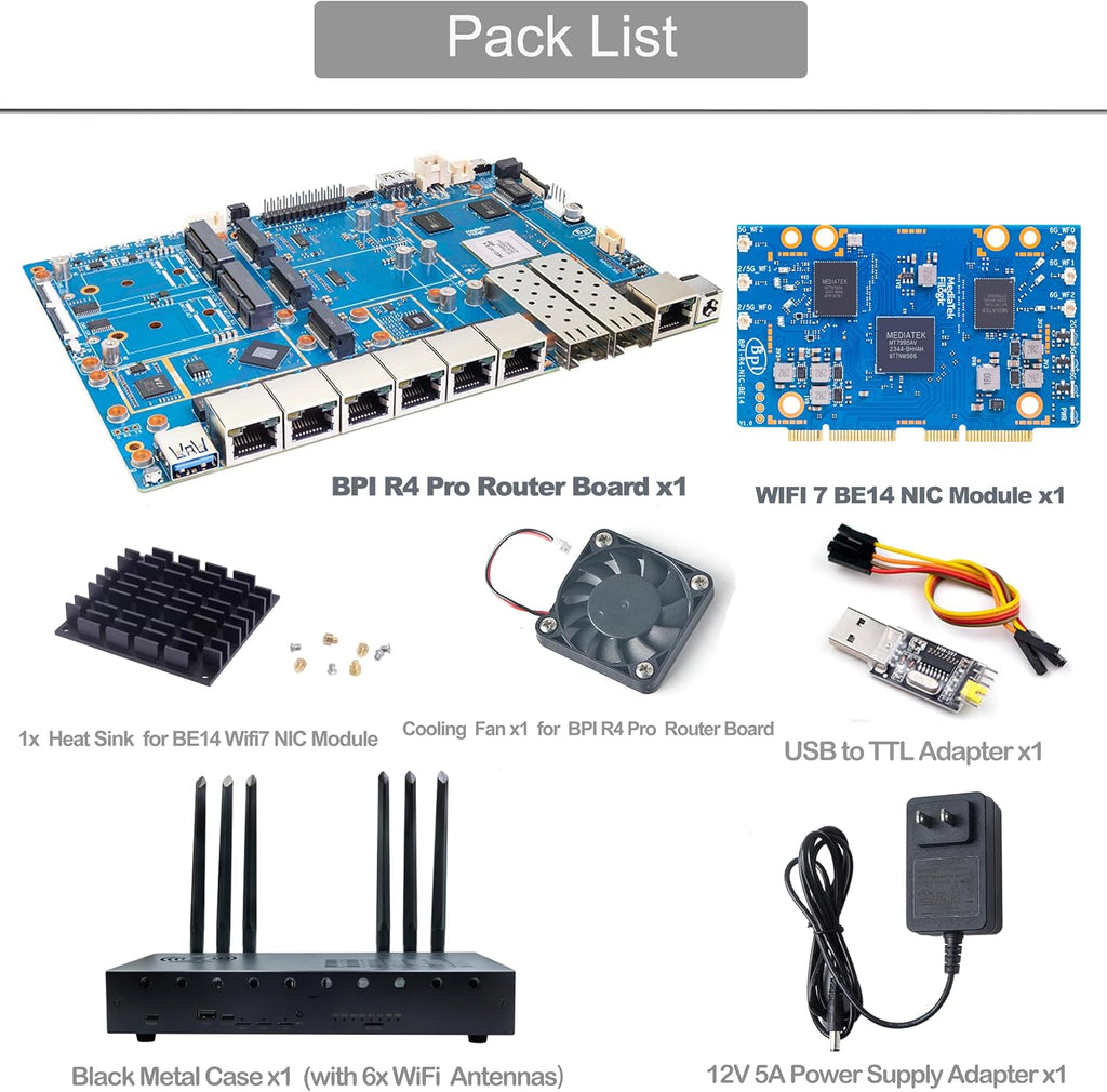 Banana Pi BPI-R4 Pro 8X/4E WiFi 7 Wireless Dual-Band WiFi Router Board OpenWRT, MediaTek MT7988A30K DMIPS SoC - 2X 10GbE SFP&RJ45, 4X 2.5GbE LAN for NAS Smart Home Gateway (Bundle3, 4E)