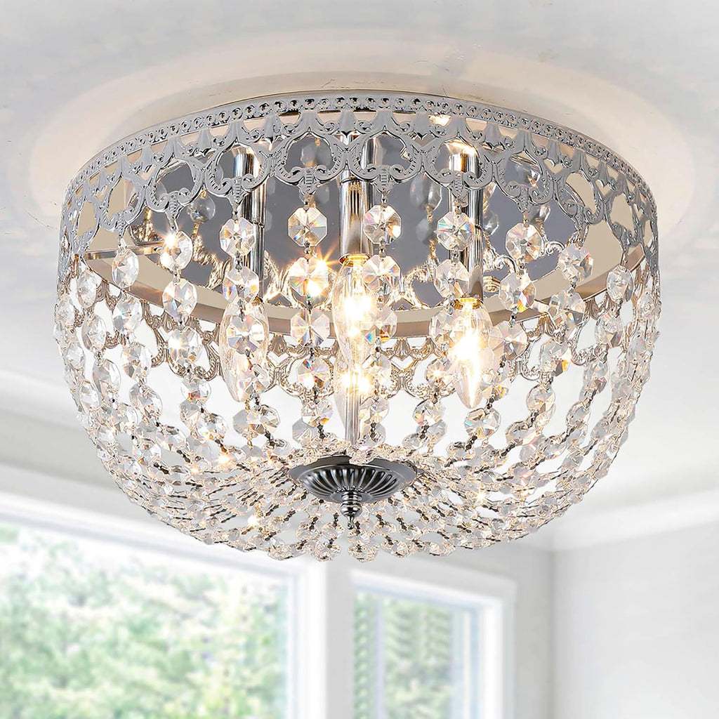 Maxax 15' Crystal Chrome Ceiling Light, 4-Lights Vintage Farmhouse Flush Mount Chandelier, Antique French Empire Ceiling Lamp, Dining Room Entrance Hallway Bedroom Kitchen Bathroom, E12 Bulbs