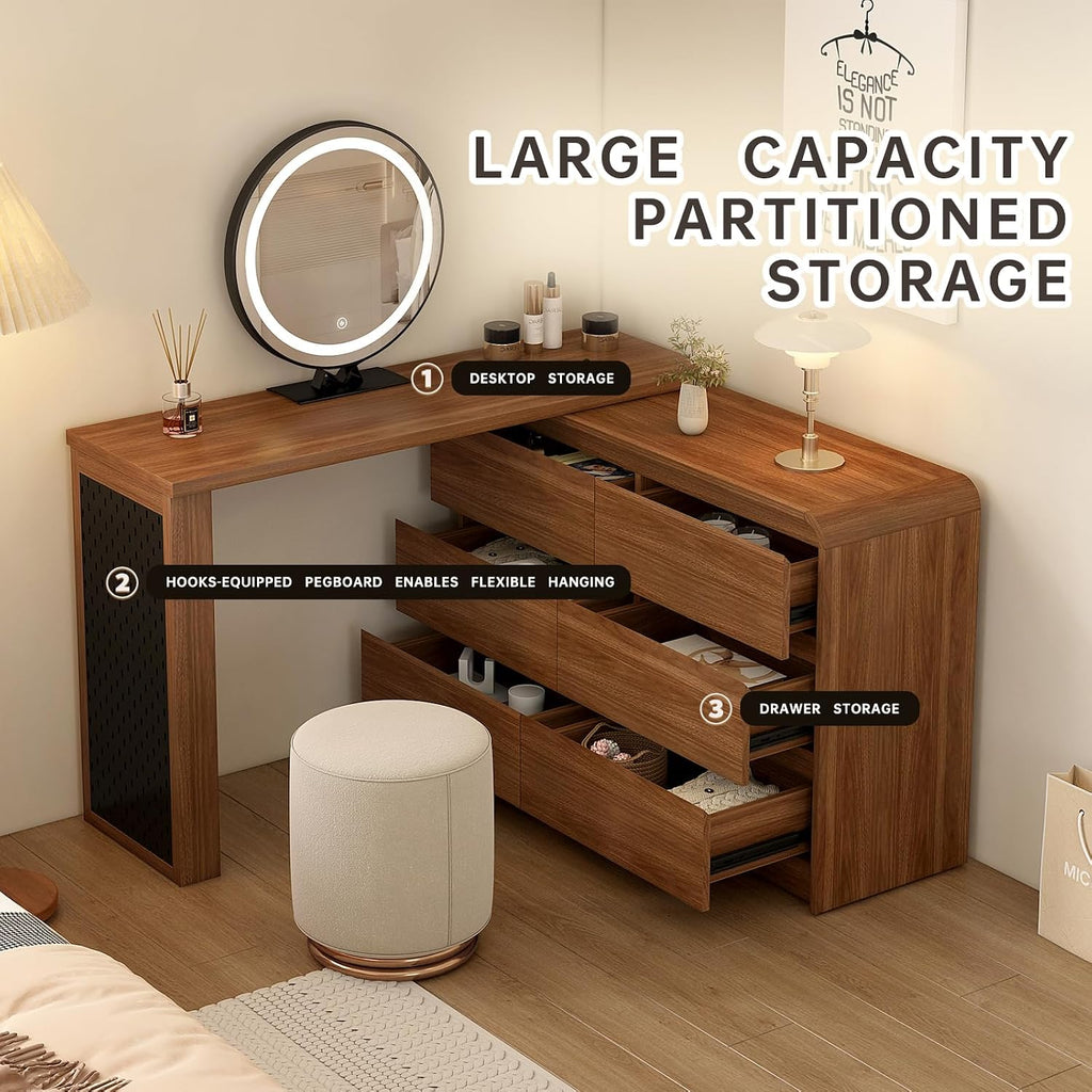 Makeup Vanity Desk with Touch Screen Mirror, 50-90 in Adjustable Sturdy Vanity Table Set with Chair, Bedroom Elegant Dressing Table for Women with 6-Drawer Rounded Corners Storage Cabinet, Brown