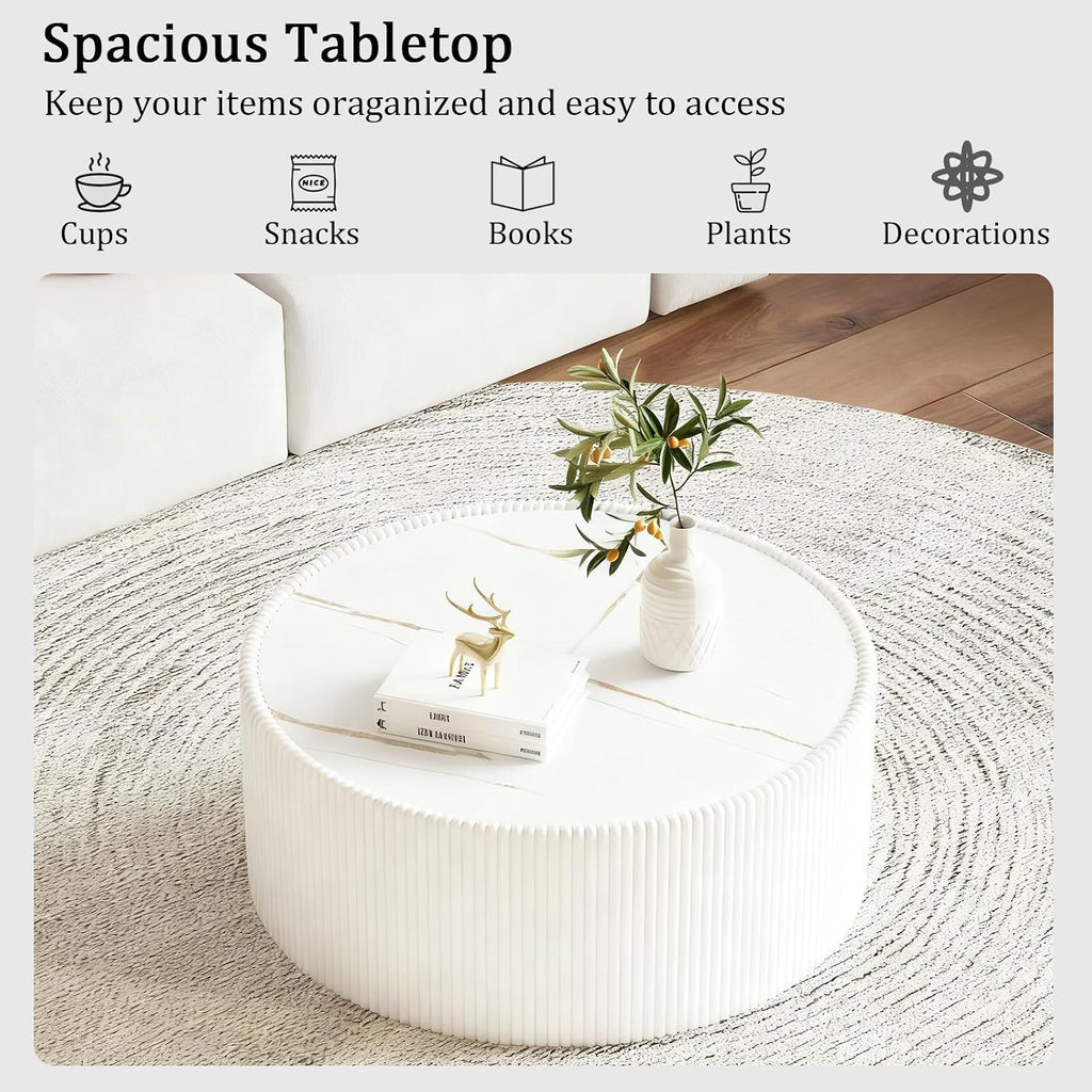 Round Coffee Table Set, 29.52' White Drum Center Table and 17.71' White Coffee Table Set, 2 Pieces Living Room Table Set with Sintered Stone Tabletop,Fluted PU Leather Covered and Stable Base