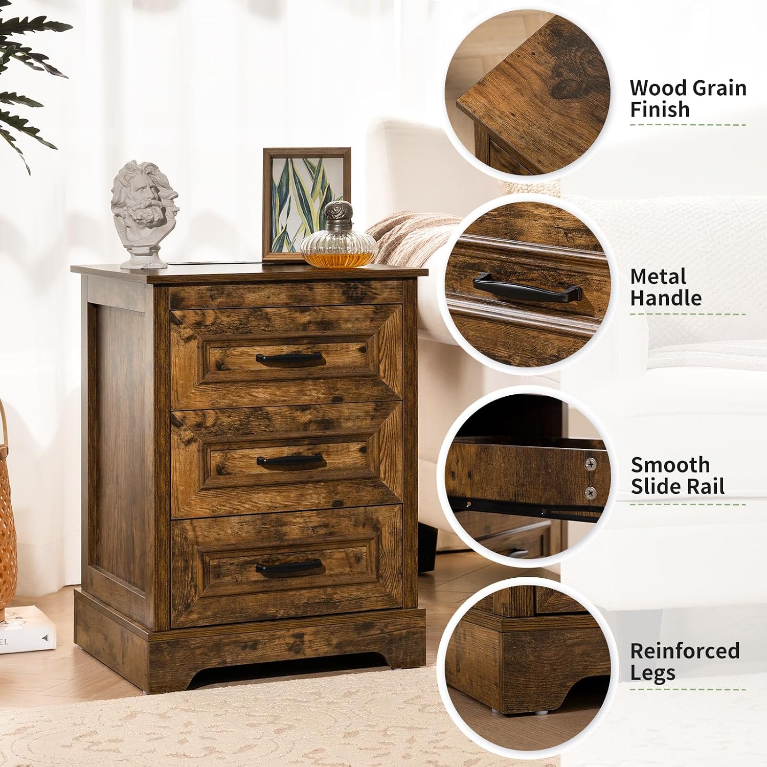 Farmhouse Nightstand with Charging Station- Wood Night Stand Set 2, 3 Drawer Nightstands Set of 2, Bedside Table with Storage, Rustic Night Stands for Bedroom, Closet, 18' Wide, 24' Tall