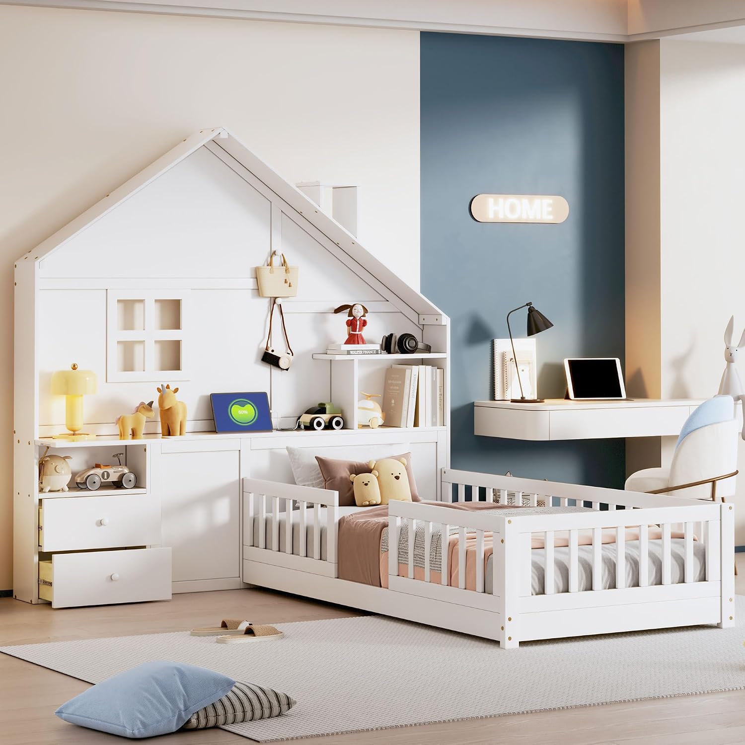 Flieks Twin Size House Bed Frame for Boys Girls Kids Toddler with Window and Bedside Drawers, Platform Bed with Shelves and a Set of Sockets and USB Port, White
