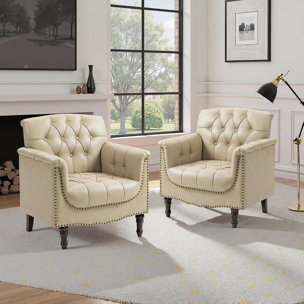 Faux Leather Accent Chair, PU Leather Modern Comfy Upholstered Armchair with Wood Legs & Nailhead Trim for Living Room, Bedroom (Beige,Set of 1)