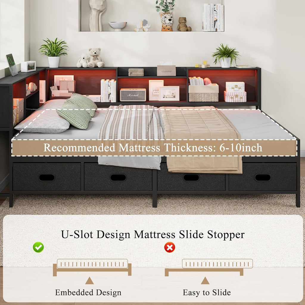 Full Size Corner Bed Frame with LED Lights, Charging Station & 8-Bookcase Headboard, Metal Platform Corner Bed with 4 Storage Drawers, Full Daybed for Kids Teens Guests, Black