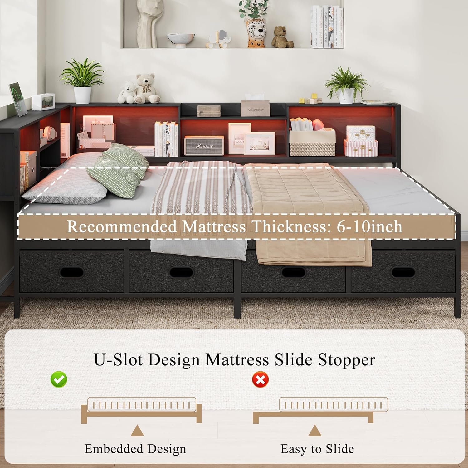 Full Size Corner Bed Frame with LED Lights, Charging Station & 8-Bookcase Headboard, Metal Platform Corner Bed with 4 Storage Drawers, Full Daybed for Kids Teens Guests, Black
