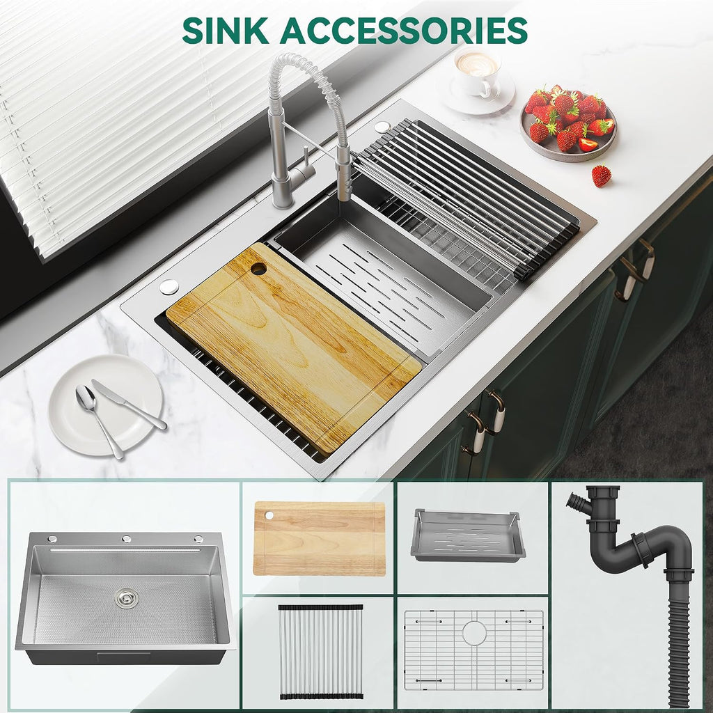 YITAHOME Drop In Kitchen Sink Workstation 33in, 304 Stainless Steel Single Bowl Top Mount Sink w/Ledge & Accessories, Honeycomb Surface Design, 33 x 22 x 10 in, Silver