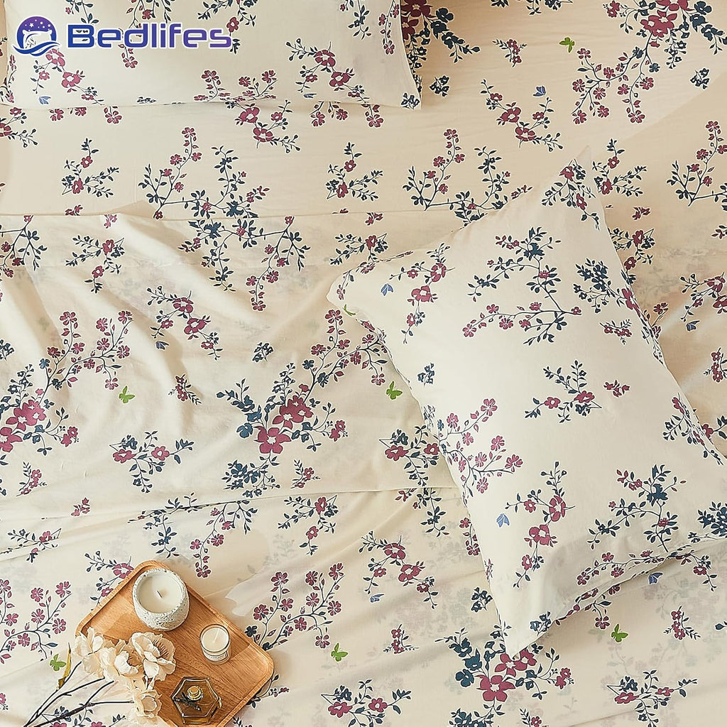 Bedlifes 100% French Linen Sheets Queen Size – Floral Printed, Botanical Pattern Breathable Cooling Sheet Set, 16' Deep Pocket, 4-Piece (Queen, Floral Red)