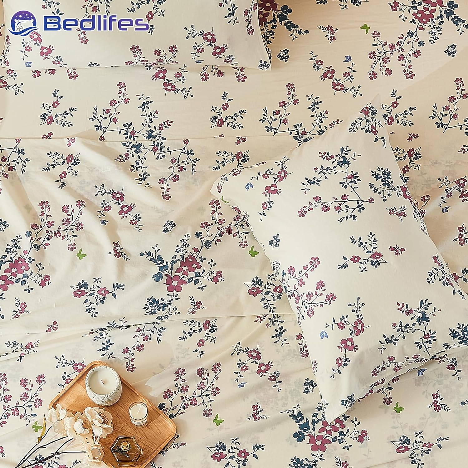 Bedlifes 100% French Linen Sheets Queen Size – Floral Printed, Botanical Pattern Breathable Cooling Sheet Set, 16' Deep Pocket, 4-Piece (Queen, Floral Red)