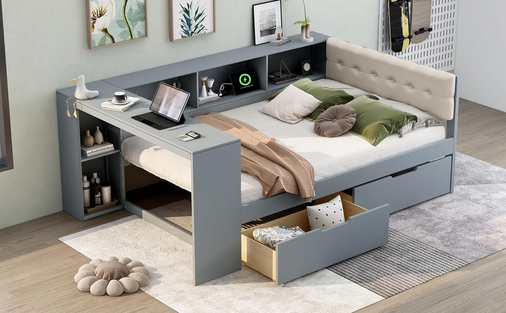 Ball & Cast Wood Full Size Platform Bed with Storage Shelves and Drawers,Multiple Bed Frame w/Charging Station & Upholstered Headboard,Bedroom Furniture Bedframe for Apartment,Gray