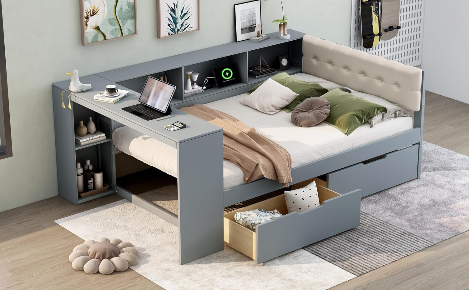 Ball & Cast Wood Full Size Platform Bed with Storage Shelves and Drawers,Multiple Bed Frame w/Charging Station & Upholstered Headboard,Bedroom Furniture Bedframe for Apartment,Gray