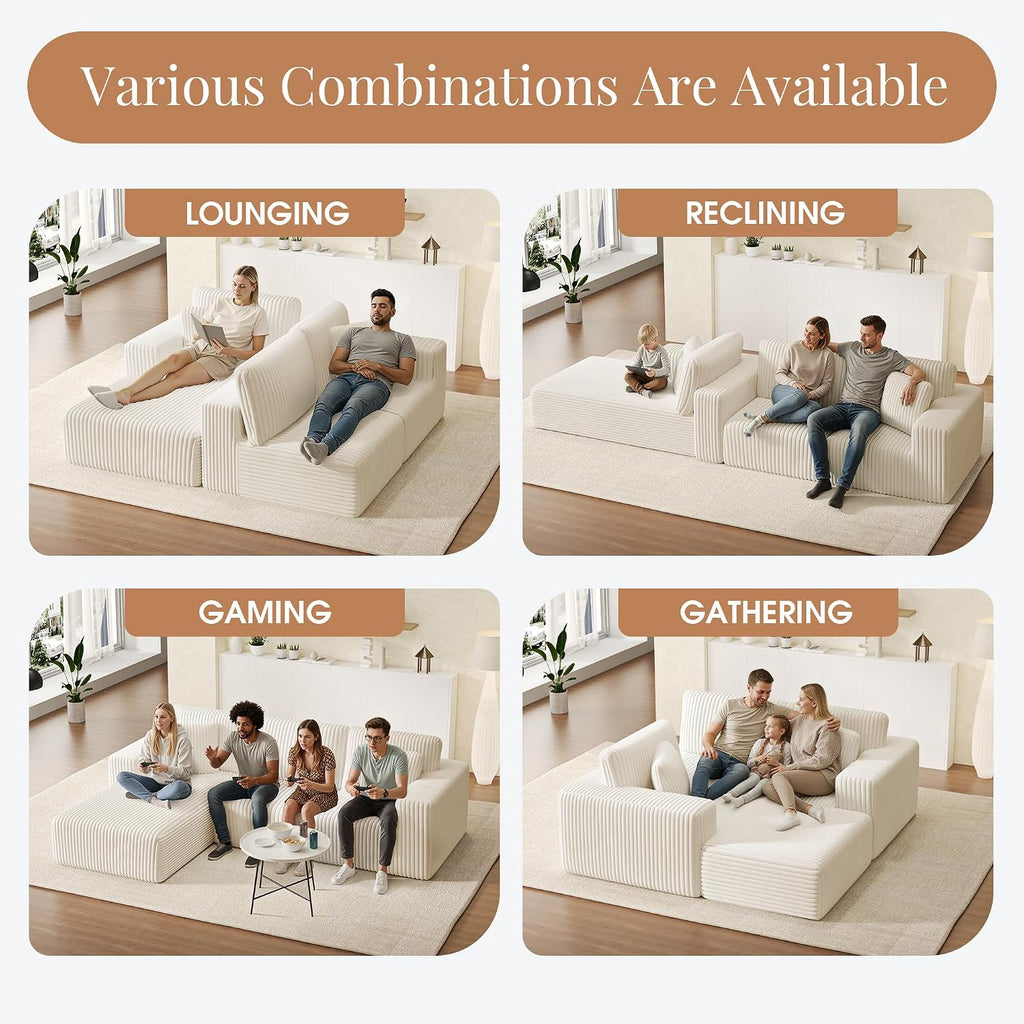 GRUSIGN 107'' Cloud Sectional Boneless Couches for Living Room, Modular L Shaped Couch with Deep Seat Oversized Left Facing Chaise, Memory Foam Compressed Spineless 3 Seater Sofa, Wide-Striped Beige
