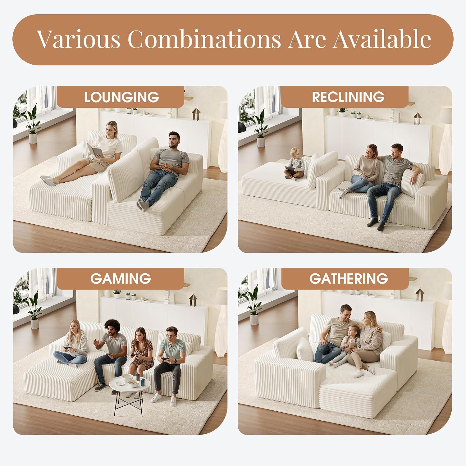 GRUSIGN 107'' Cloud Sectional Boneless Couches for Living Room, Modular L Shaped Couch with Deep Seat Oversized Left Facing Chaise, Memory Foam Compressed Spineless 3 Seater Sofa, Wide-Striped Beige
