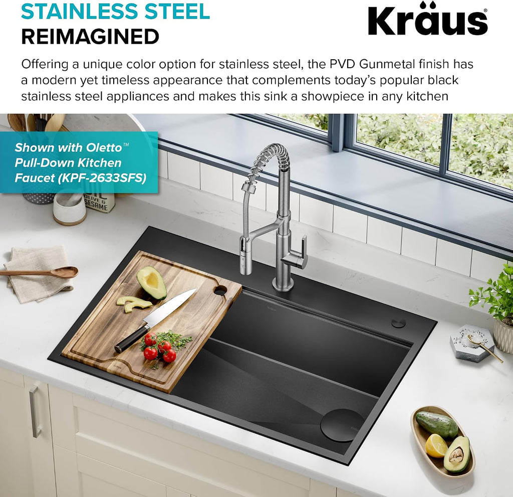 KRAUS Kore Workstation 33-inch Top Mount Drop-In 16 Gauge Black Stainless Steel Single Bowl Kitchen Sink in PVD Gunmetal Finish with Accessories, KWT310-33/PGM