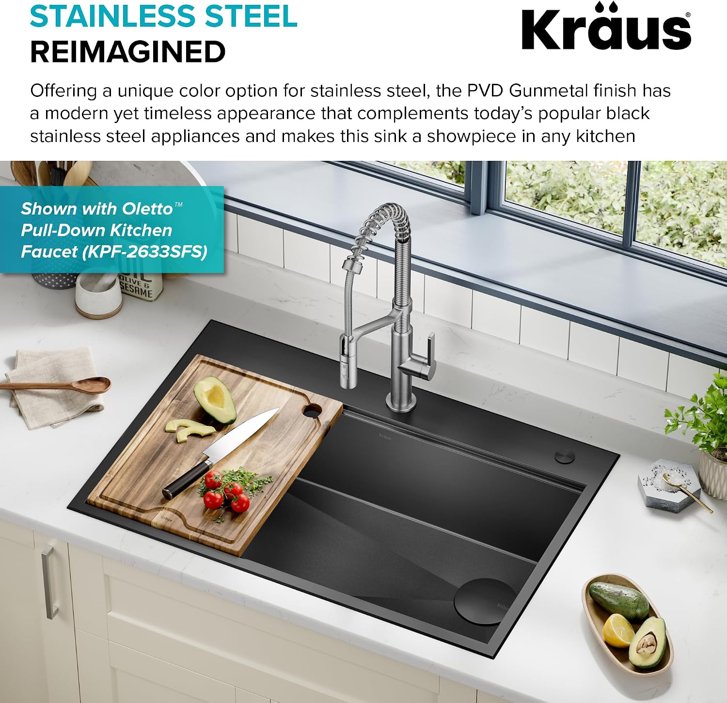 KRAUS Kore Workstation 33-inch Top Mount Drop-In 16 Gauge Black Stainless Steel Single Bowl Kitchen Sink in PVD Gunmetal Finish with Accessories, KWT310-33/PGM