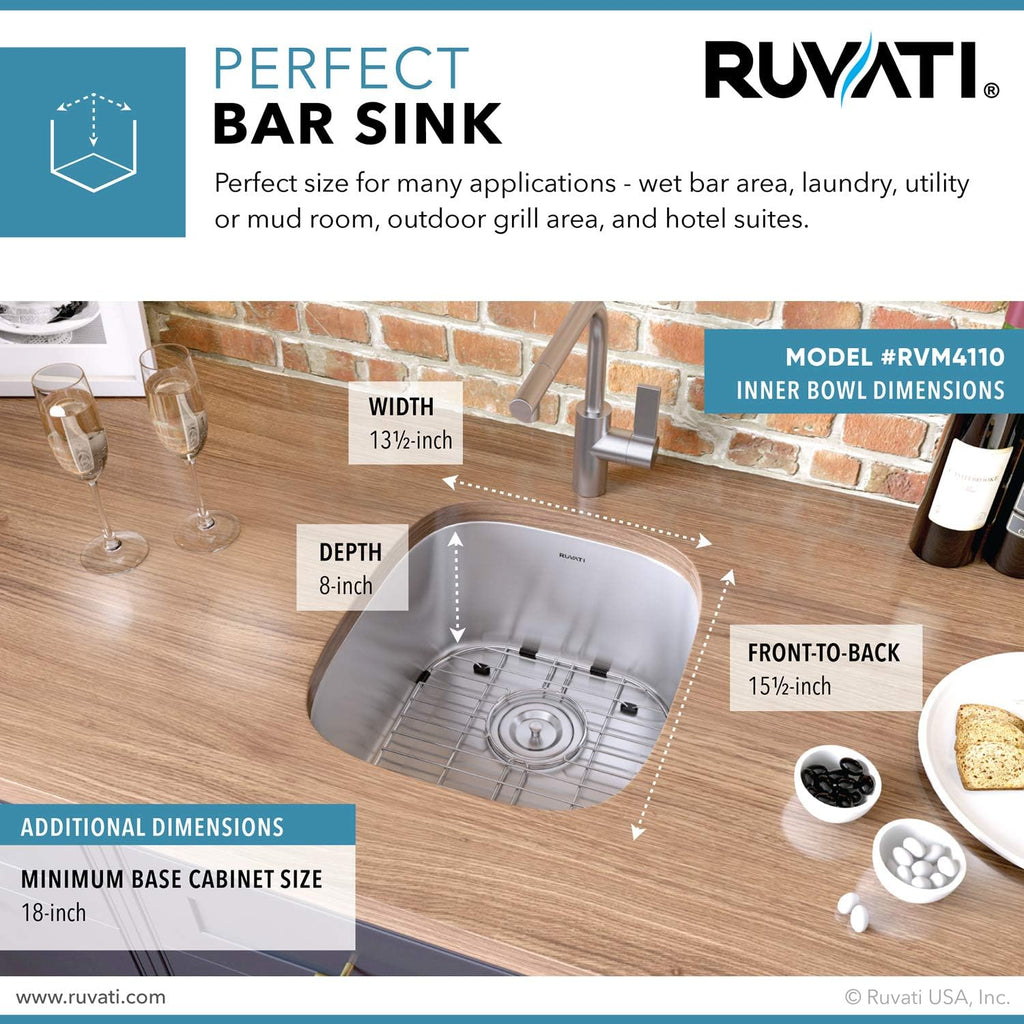 Ruvati 15 x 18 inch Undermount Bar Sink - 16 Gauge Stainless Steel Bar Prep Sink with Brushed Finish hides scratches - Easy-to-Clean Undermount Sink - RVM4110