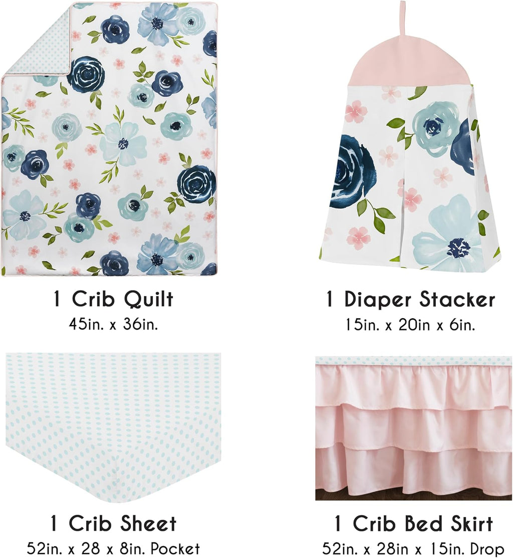 Sweet Jojo Designs 4-Piece Baby Crib Bedding Set (Pink/Blue Boho Floral) for Girls, Infants/Nursery incl. Blanket, Fitted Sheet, Skirt, Diaper Stacker (Watercolor, Rose, Polka Dot, Shabby Chic, Navy)
