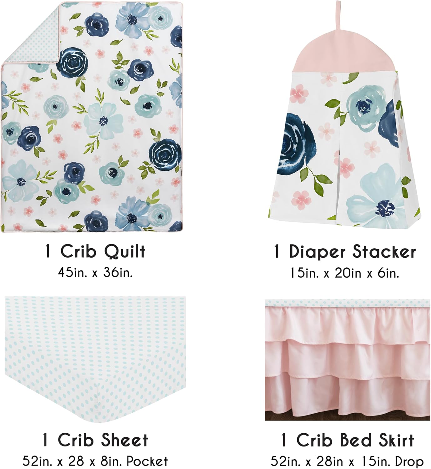 Sweet Jojo Designs 4-Piece Baby Crib Bedding Set (Pink/Blue Boho Floral) for Girls, Infants/Nursery incl. Blanket, Fitted Sheet, Skirt, Diaper Stacker (Watercolor, Rose, Polka Dot, Shabby Chic, Navy)