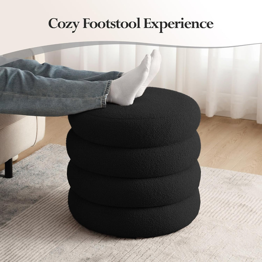 19.5 Inch Round Storage Ottoman, Modern Sherpa Ottoman Coffee Table with Removable Top, Black Vanity Stool with Storage for Bedroom, Living Room, Dorm, Set of 2