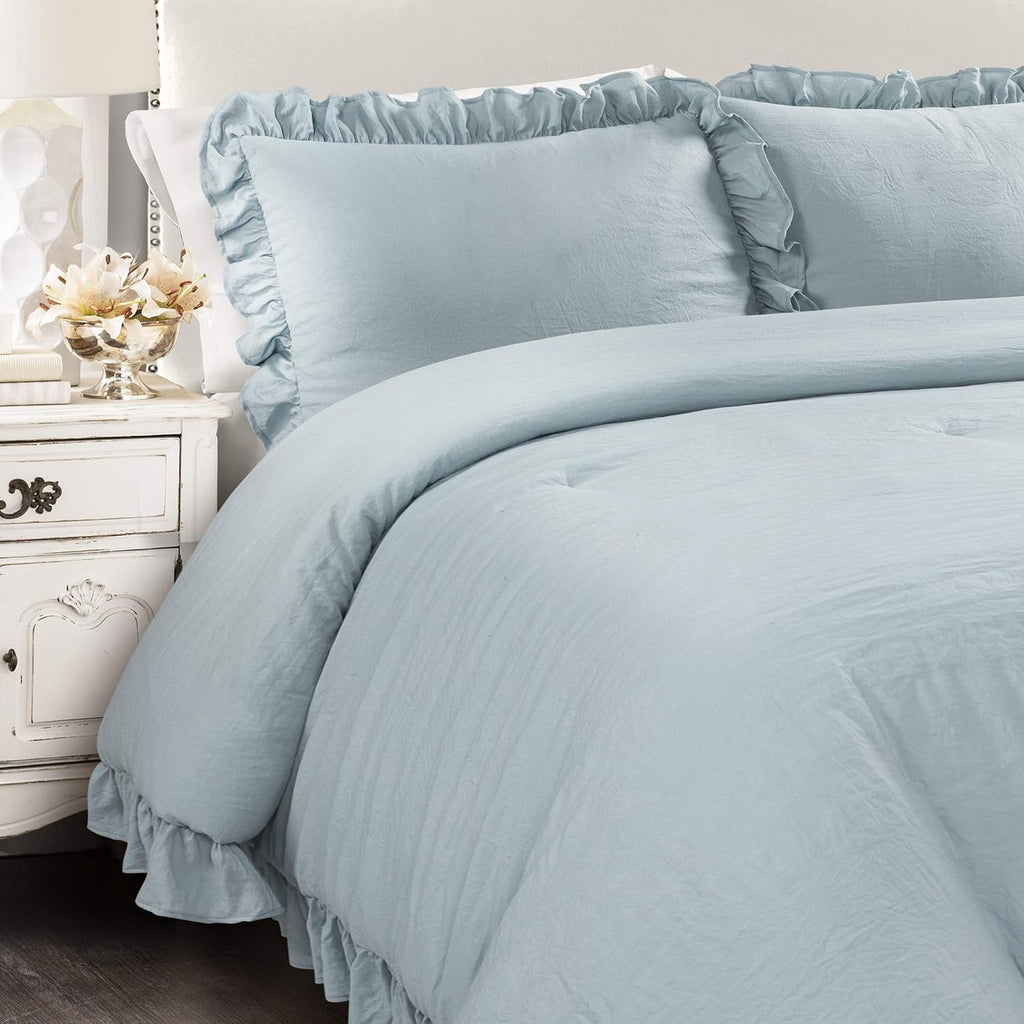 Lush Decor Reyna Ruffle Comforter Set, Full/Queen, Lake Blue, 3 Piece Cozy Bedding Set