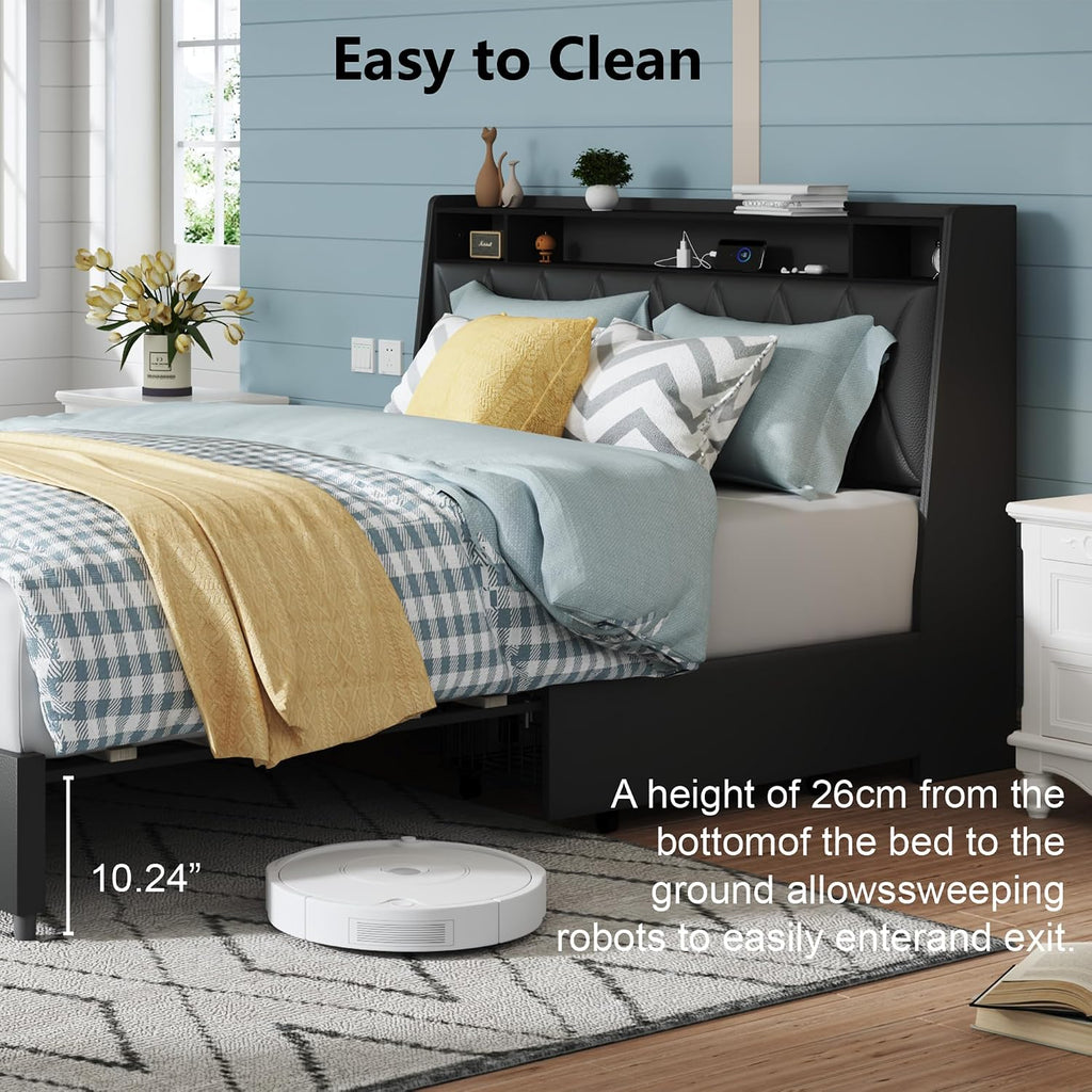 Black Full Bed Frame with Headboard, Metal Platform Bed Full Size with 2-Tier Bookshelf Storage, and 4 Storage Drawers & Charging Station Type C, Leather Fabric No Box Spring Needed (Black, Full)