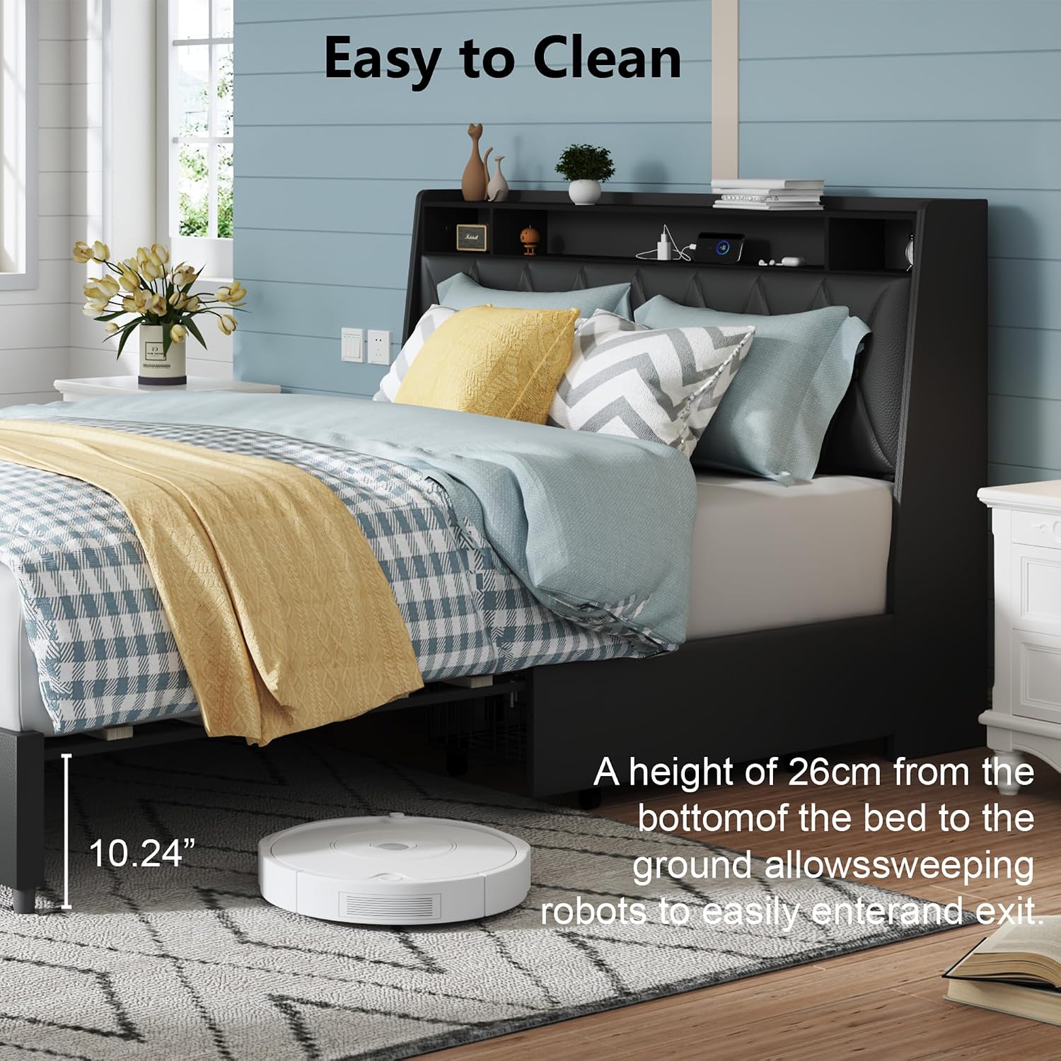 Black Full Bed Frame with Headboard, Metal Platform Bed Full Size with 2-Tier Bookshelf Storage, and 4 Storage Drawers & Charging Station Type C, No Box Spring Needed (Black+LED, Full)