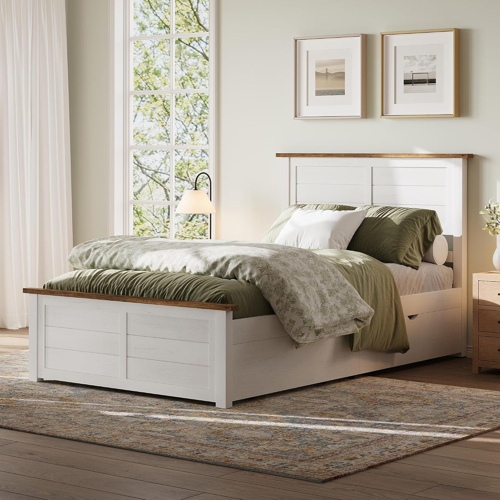 AMERLIFE Twin Bed Frame with Headboard, Platform Beds with 4 Storage Drawers, Wood Slats Support, Wood Bed Frame for Bedroom, White